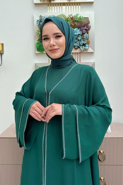 Bym Fashion Emerald Stone Embroidered Dress Abaya Set - 3873