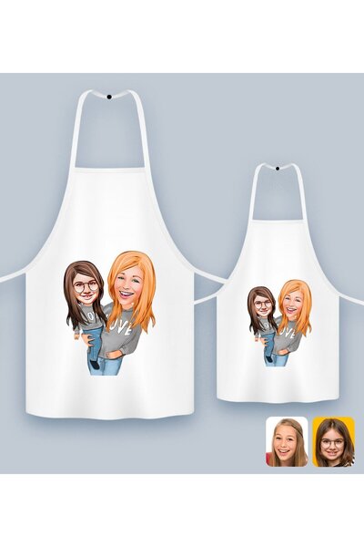 Bk Gift Kişiye Özel İkili Anne Kız Karikatürlü Mutfak Önlüğü Seti-6, Anneye H...