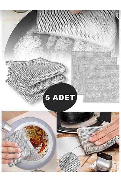 stilsenin34 5 Pcs Inox Wire Cloth Dishcloth, Difficult Dirt Cloth, Kitchen Bathroom Cloth Double Layer Multi-Purpose Cloth