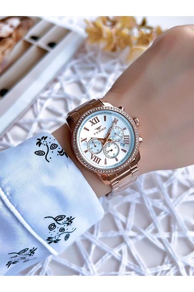 FERRO Rose Gold 3 Atm Women's Steel Band Wristwatch - Interior Functions Active BFM41107AWT-C