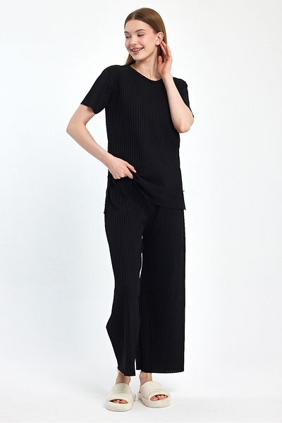 MEBA Women's Seasonal Short Sleeve Corded Black Pajama Set