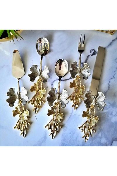 Begin Power Gold Color 5 Piece Butterfly Patterned Handle Steel Serving Set