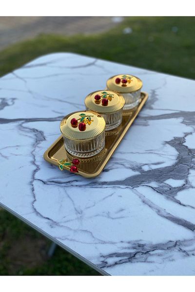 Aslı Hediyelik Elysia Gold 3-Piece Cherry Snack Bowl Set - Glass Bowl with Presentation, Spice Bowl, Ice Cream and Catering Features