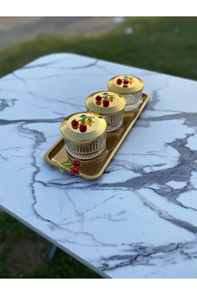 Mira züccaciye Elysia Gold 3-Piece Cherry Snack Bowl Set - Glass Bowl with Presentation, Spice Bowl, Ice Cream and Catering Features