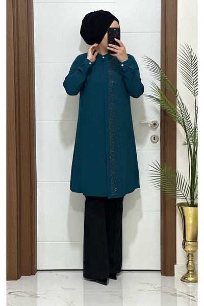 masalabiyem New Season 3106 K 100 Petrol Rhinestone Tunic