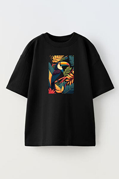 NMG TEKSTİL تي شيرت أسود كبير الحجم من القطن المحبوك - رسم ببغاء ملون مطبوع