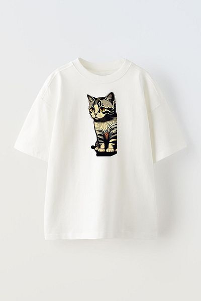 NMG TEKSTİL Tricou alb supradimensionat din bumbac - verde cu imprimeu pentru pisoi