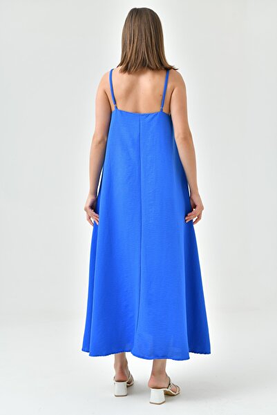 lovebox Modré večerní šaty Midi s nastavitelnými ramínky límečkem - Aerobin Fabric 3378