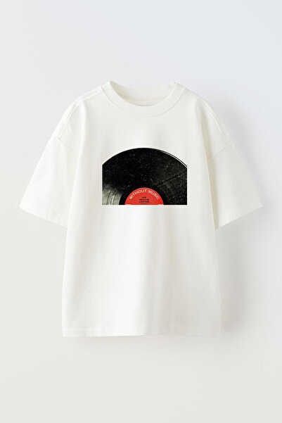 NMG TEKSTİL White Oversize Cotton T-shirt - Unisex Plaque Printed Knitted