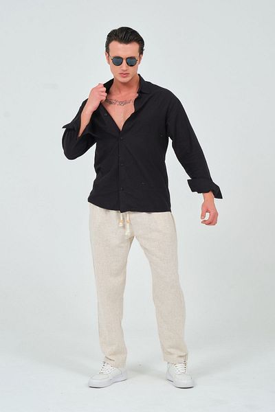 RELAXL Beige Oversize Linen Trousers - 100% Cotton, Elastic Waist, Summer Cut