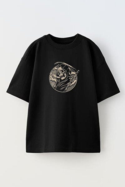 NMG TEKSTİL تي شيرت أسود كبير الحجم من القطن - مطبوع عليه جمجمة الجلاد للجنسين