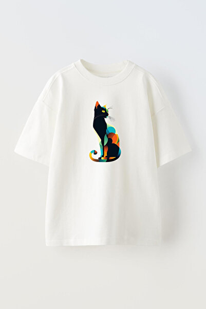 NMG TEKSTİL White Oversize Cotton T-shirt - Cat Color Design, Printed
