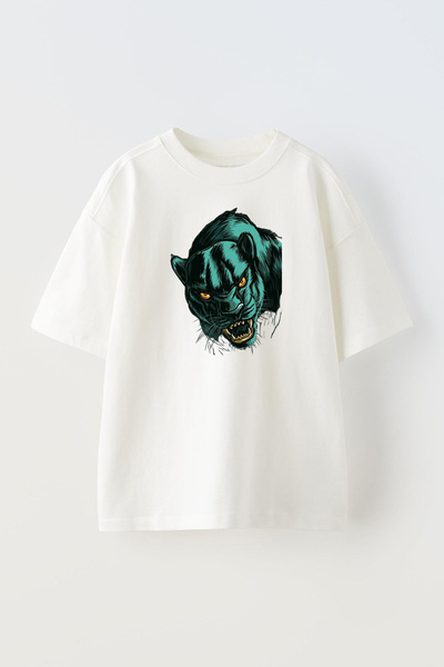 NMG TEKSTİL تي شيرت قطني كبير الحجم مطبوع باللون الأخضر للجنسين من جاكوار - أبيض