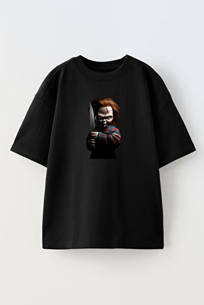 NMG TEKSTİL تي شيرت قطني أسود كبير الحجم مطبوع للجنسين من تشاكي