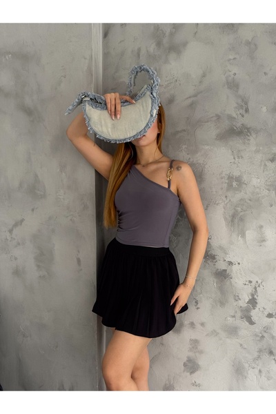 QUTTA Gray Sandy Fabric - Crop Women's Blouse with Chain Strap