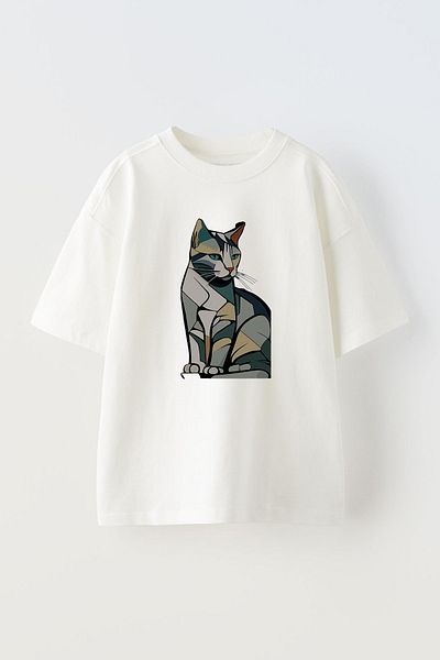 NMG TEKSTİL Λευκό Oversize Βαμβακερό - Μπλουζάκι Unisex με στάμπα Graffiti Cat