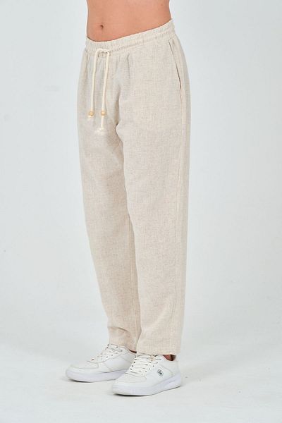 RELAXL Beige Oversize Linen Trousers - 100% Cotton, Elastic Waist, Summer Cut