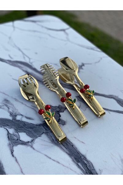 Mira züccaciye Gold Cherry Stylish Presentation Set - Titanium Plated, 3-Piece Tongs Set, Stainless Steel