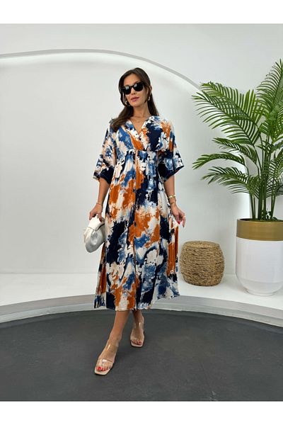 Elif Özbey Butik Rochie batik albastru cu maneca liliac