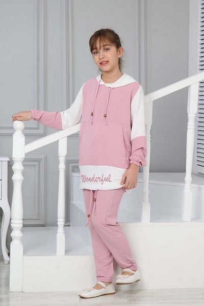 Joui Co Kangaroo Pocket Hooded Young Girl Tunic Set - Set of 2