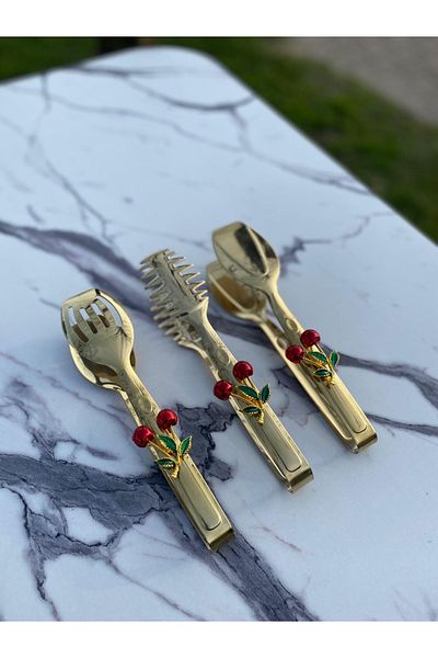 Aslı Hediyelik Gold Cherry Stylish Presentation Set - Titanium Plated, 3-Piece Tongs Set, Stainless Steel