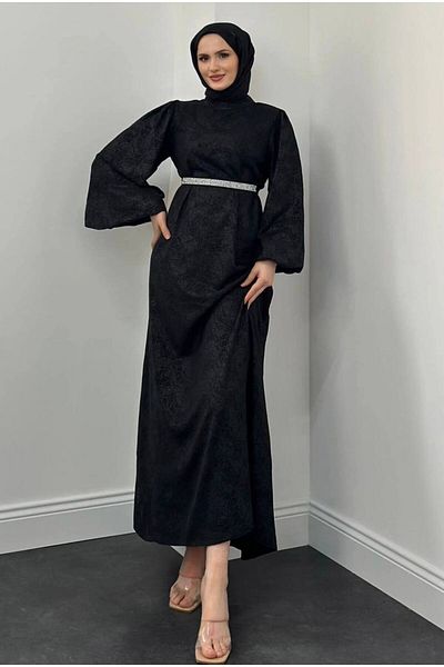 Neşeli Butik Μαύρη Πέτρα Λεπτομερές Χιτζάμπ Γυναικείο Φόρεμα - NMS001
