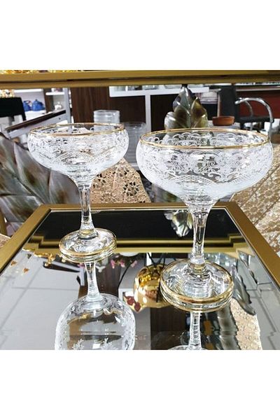 Paşabahçe 6-Piece Hand Decorated Gold Gilt Glass Ice Cream Bowl, Glass Ice Cream Bowl Salad Bowl, Snack Bowl, Dowry Bowl