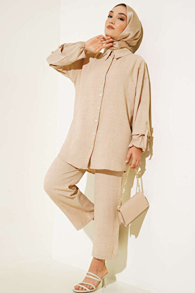 ensade طقم كتان مكون من قطعتين - كم مفصل وأزرار