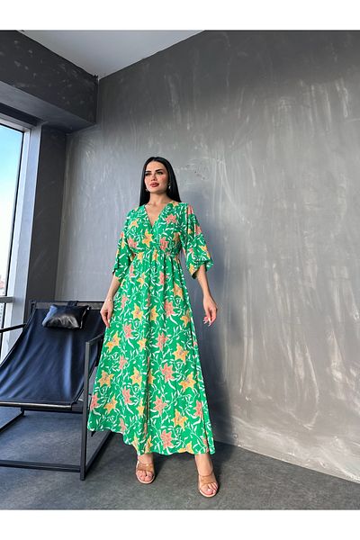 kamacibutik Rochie de vară cu mânecă liliac și guler dublu din viscoză cu imprimeu floral