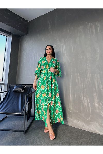 kamacibutik Rochie de vară cu mânecă liliac și guler dublu din viscoză cu imprimeu floral