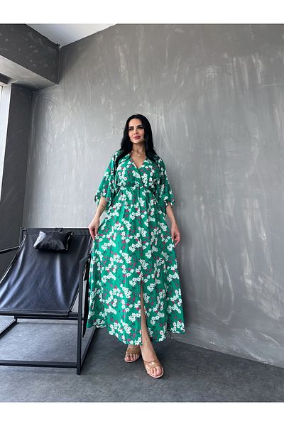 kamacibutik Rochie de vară din viscoză cu imprimeu floral, cu decolteu dublu, mânecă liliac și fante