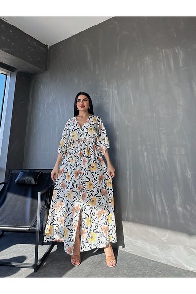 kamacibutik Rochie de vară cu mânecă liliac și guler dublu din viscoză cu imprimeu floral