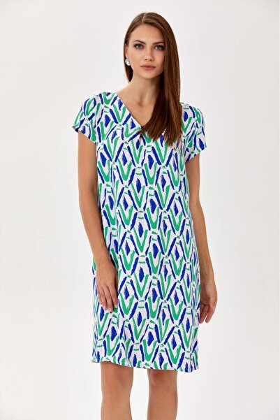 İKİLER V-Neck Patterned Double Sleeve Dress - 024-4055