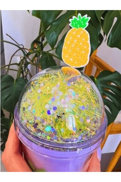 CHANCE GİFT زجاجة مياه سعة 450 مل مع ضوء LED ثلاثي الأبعاد وبريق وشفاطة - زجاج كوكتيل بتصميم صيفي