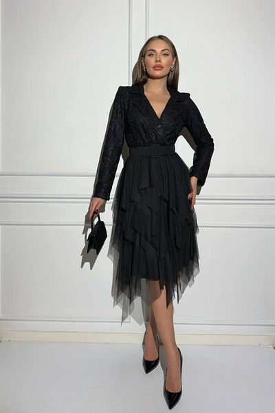 S&A Collectionn Rochie din tul cu mânecă lungă, cu tăieturi asimetrice și dantelă și curea