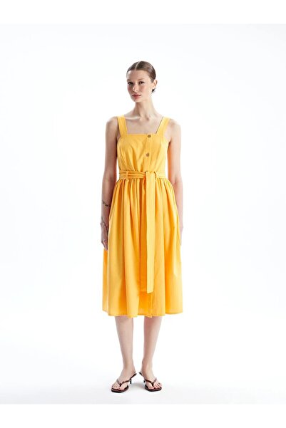 LC Waikiki LCW Linen Look Square Collar Women's Dress - Casual Strap