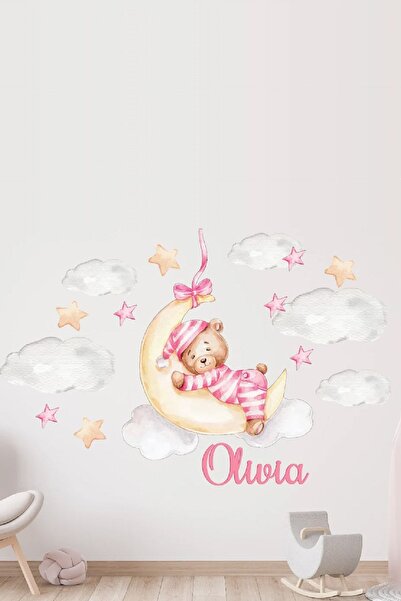 Kt Grup Uyuyan Pijamalı Ayıcık Bulutlar Ve Yıldızlar Isme Özel Çocuk Odası Du...