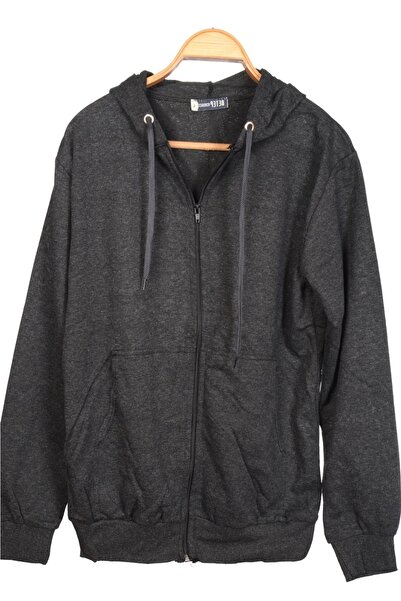 MODA Unısex Kapüşonlu Fermuarlı Cepli Ince Penye Gri Basic Sweatshırt Hırka