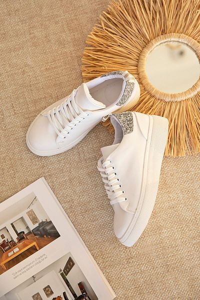 STRASWANS Papel Women's Leather Glass Broken Detailed Sports Shoes White-silver