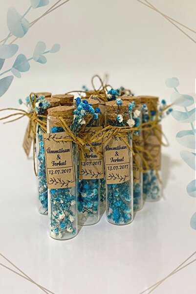 HİEN Mavi Cipso Çiçek Mantar Tıpalı Cam Şişede 20 Adet Kişiselleştirilebilir ...