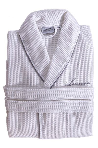 Leruum London White Cotton Women's Men's Unisex Ribbed Embroidered Dressing Gown Kimono Waffle Pike Bathrobe Spa Hotel Bathrobe
