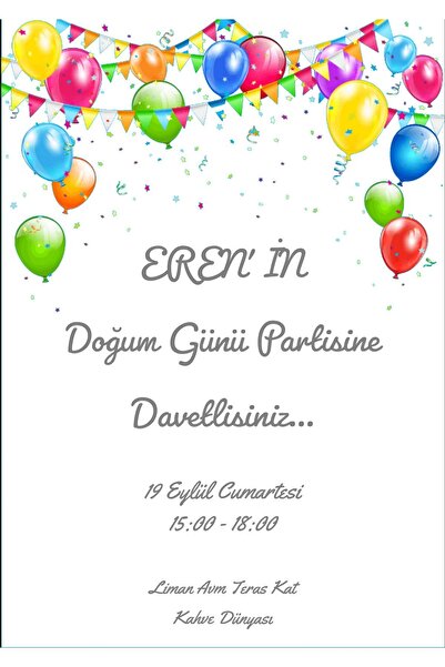 Belinay Balon Temalı Doğum Günü Davetiyesi 203-02 (50 ADET)