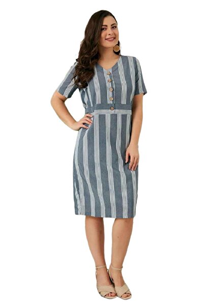 FİERTE Fierte Kadın Büyük Beden Elbise Rg6684y V Yaka Düğme Detay Kısa Kol Çizgili Spor Pamuk Diz Üstü Laci
