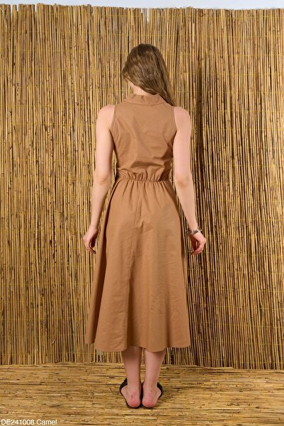 Liora Dámské velbloudí košile s límcem s mašlí v designu Midi šaty