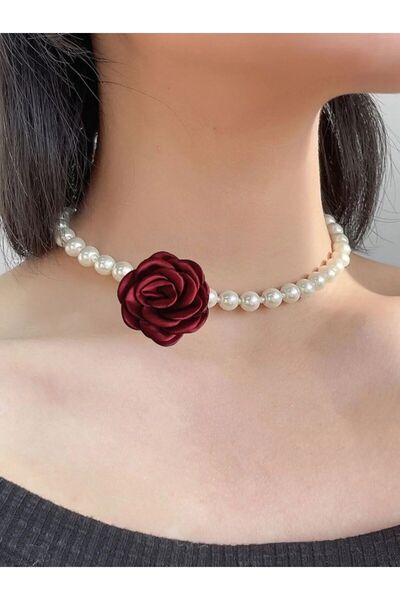CAXBERN İncili Gül Saten Kolye Choker Kolye