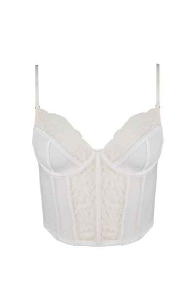 BICCA Grace Serisi Dantelli Korse Büstiyer Ip Askılı Transparan Saten Biyeli Sütyen Korseli Crop Top Ekru