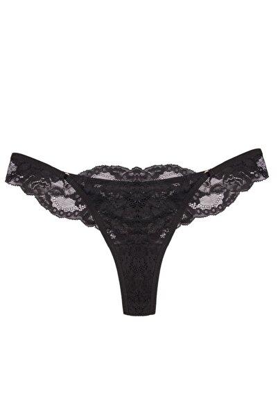 BICCA Seraphine Serisi Düşük Bel Dantelli Tanga Transparan Dantel Detaylı String Külot Siyah
