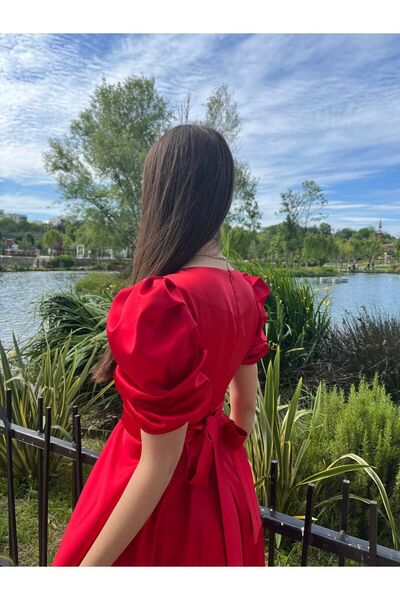 sağlam tasarım Kırmızı Asetat Saten Şık Abiye Elbise
