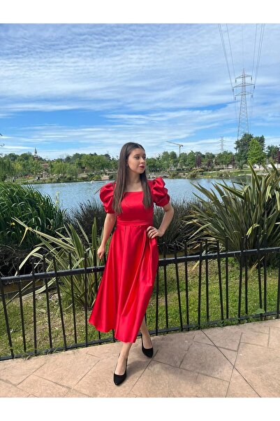 sağlam tasarım Kırmızı Asetat Saten Şık Abiye Elbise
