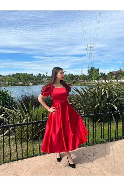 sağlam tasarım Kırmızı Asetat Saten Şık Abiye Elbise